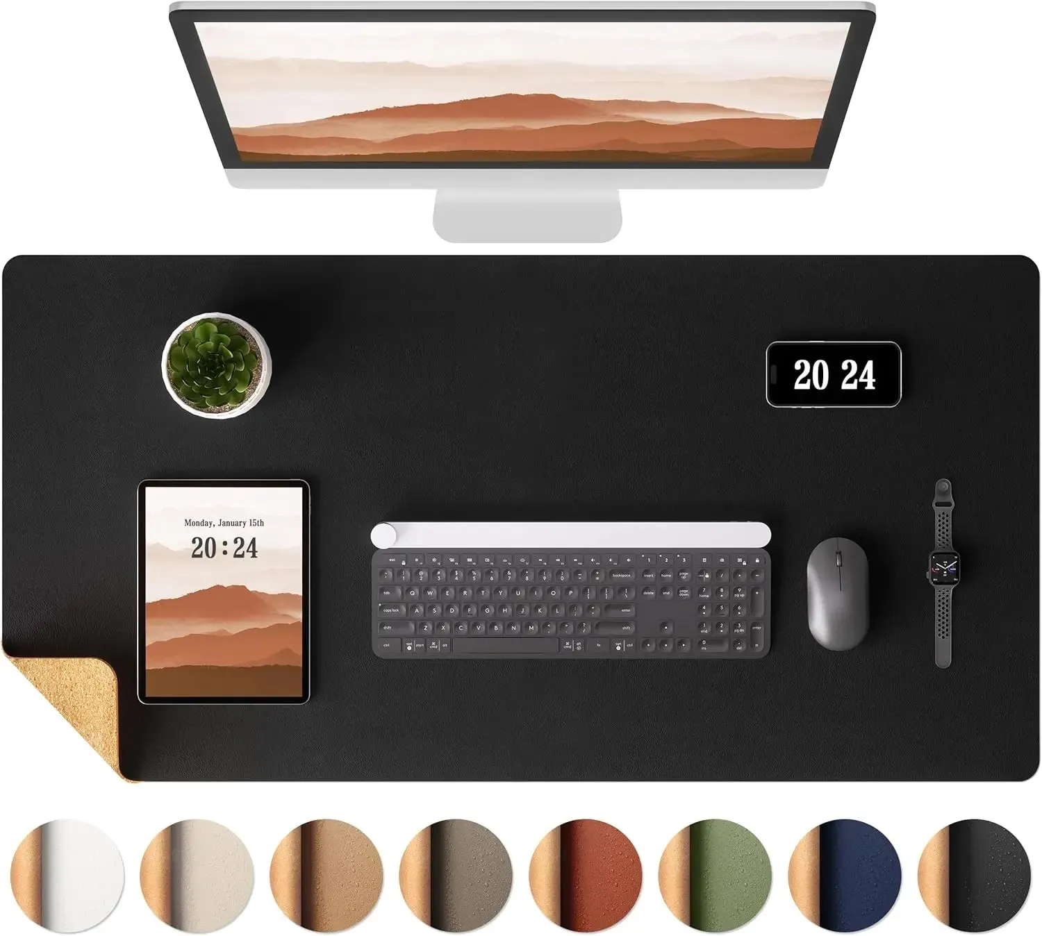 Large cork desk mat with keyboard and mouse
