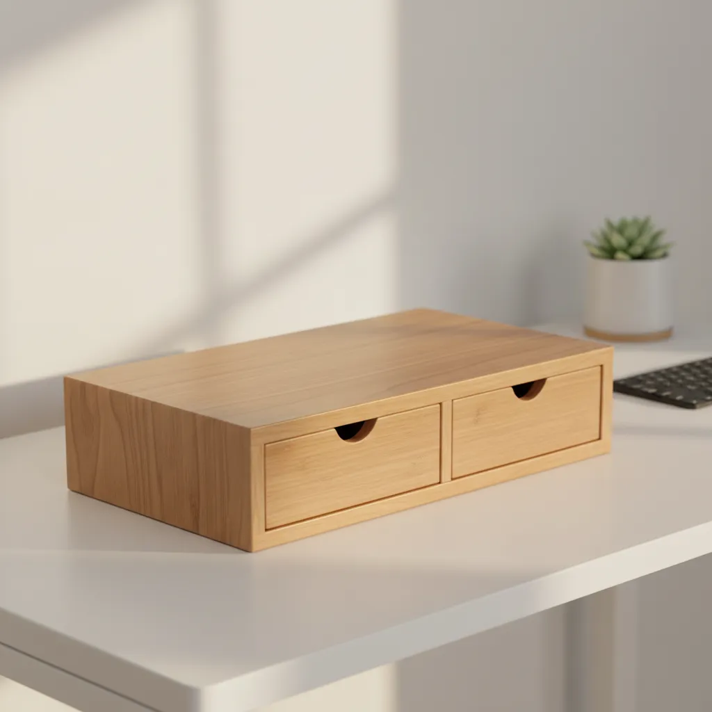 Solid bamboo monitor riser with two drawers on a light desk
