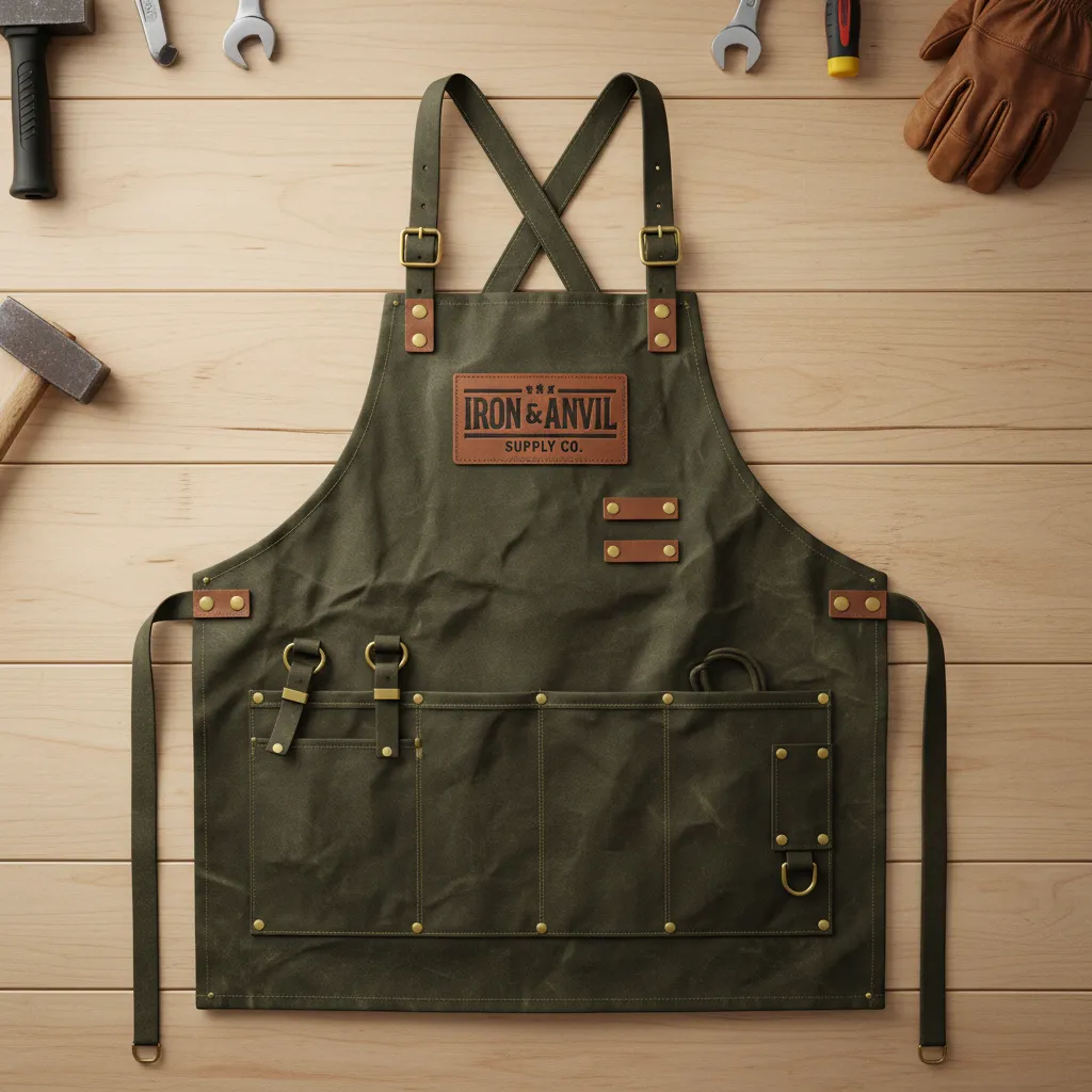 Heavy-duty waxed canvas workshop apron laid on a wood workbench