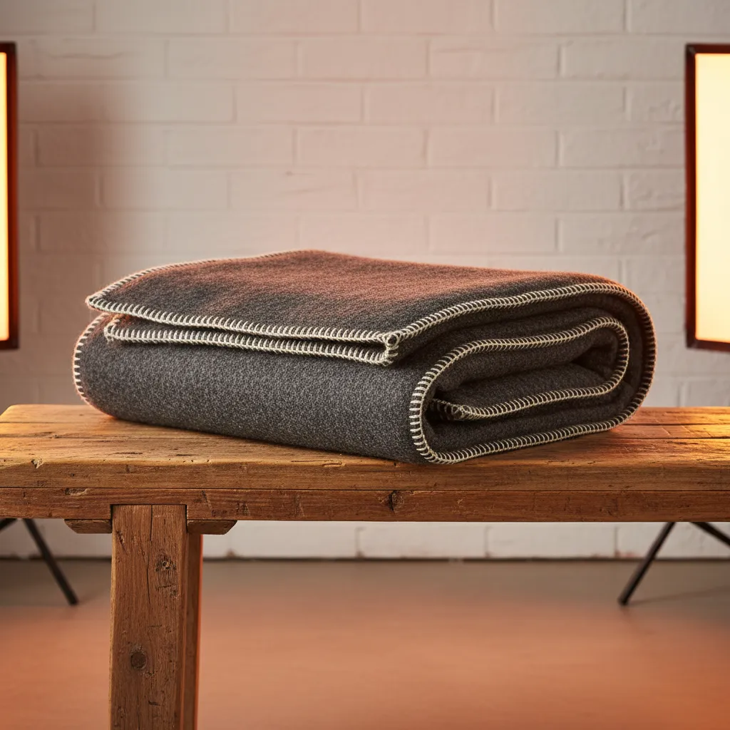 Folded heavyweight merino wool survival camp blanket on a wood bench