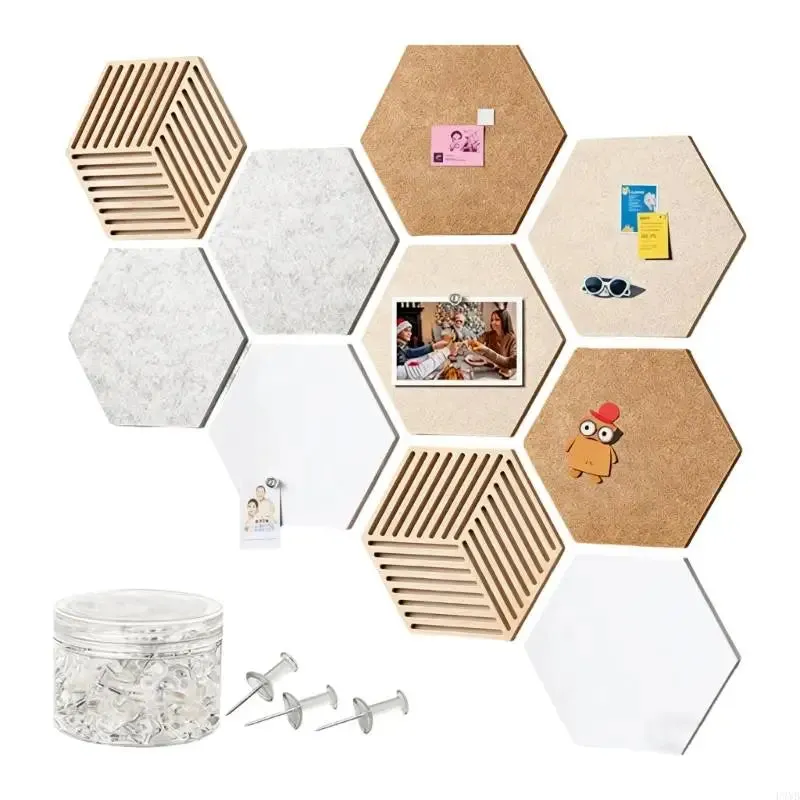 Hexagon cork bulletin board wall tiles with pins and notes